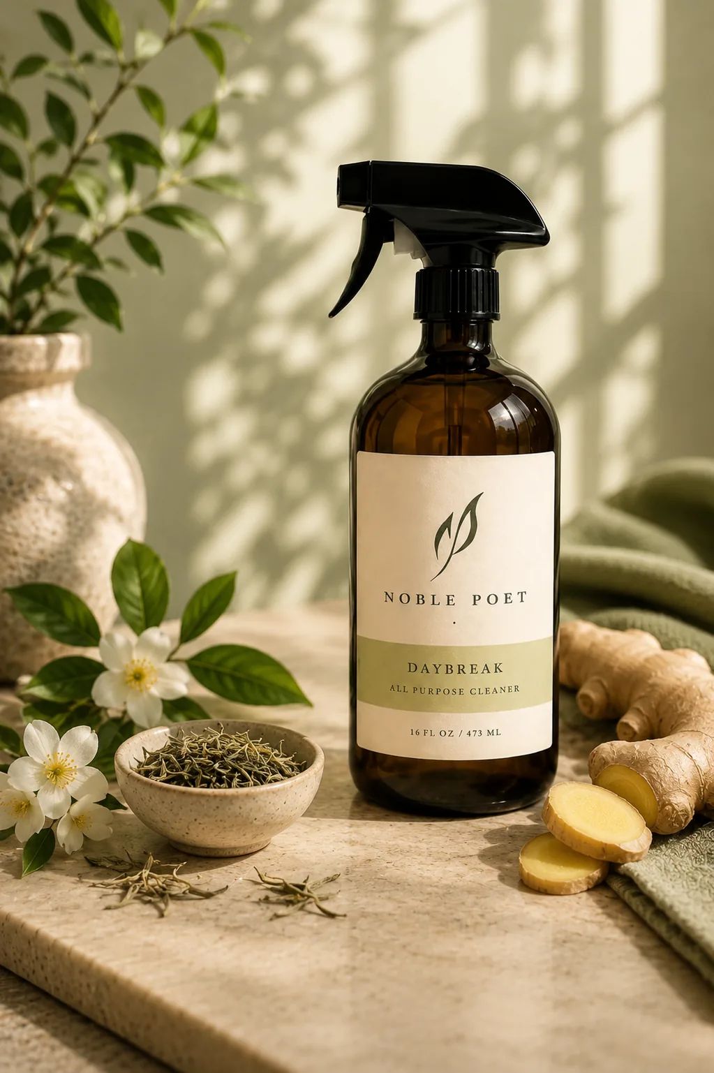 Noble Poet Daybreak All Surface Cleaner in an amber glass bottle