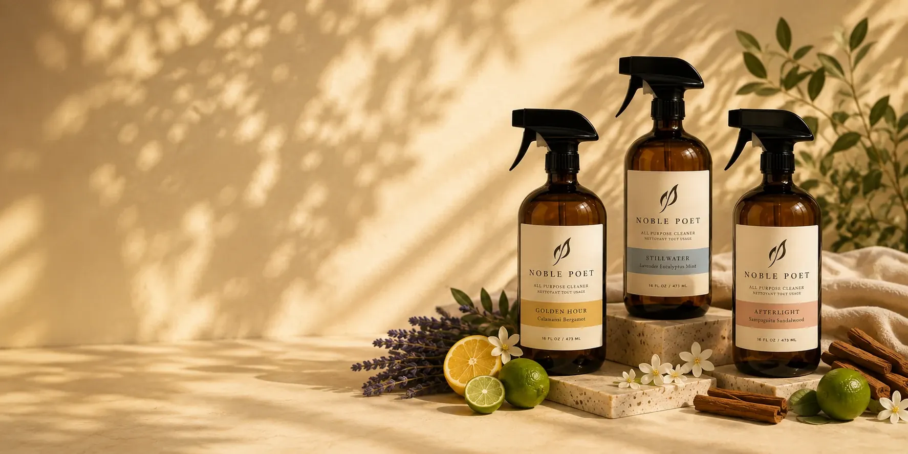 Noble Poet Golden Hour, Afterlight and Stillwater All Surface Cleaners in amber glass bottles